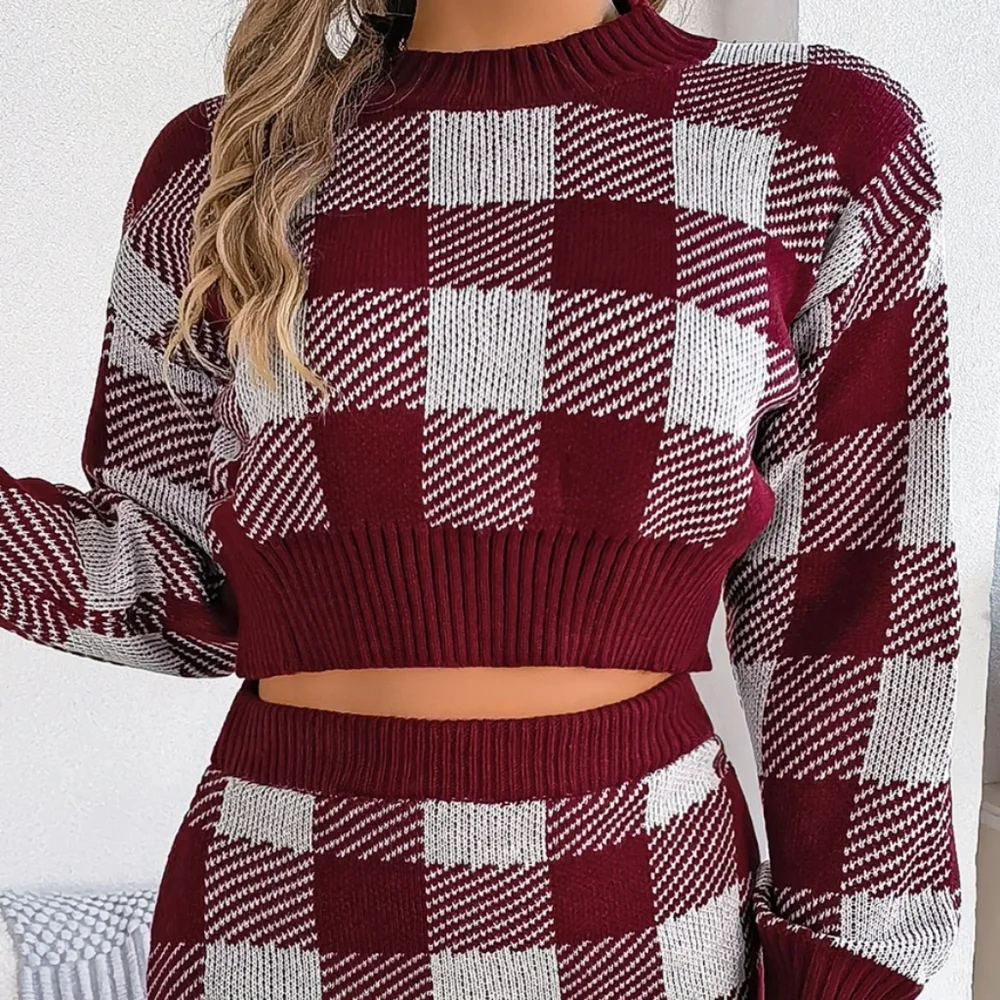 Burgundy Plaid Top and Skirt Sweater Set